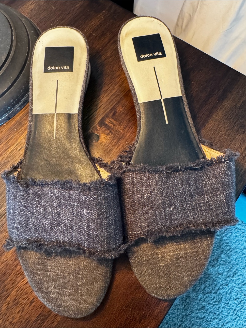 Dolce Vita Dark Denim Blue Frayed Fabric Slide Mules